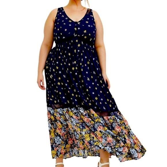 Plus Size Floral Navy Blue Sleeveless V Neck Flowy Long Summer Maxi Dress - NEW - Picture 1 of 4